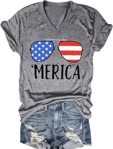 PUCKOLITY Merica Sunglasses V-Neck Shirts for Women Fourth of July T-Shirts Patriotic USA Flag Graphic Tee Tops(L 1 Grey)