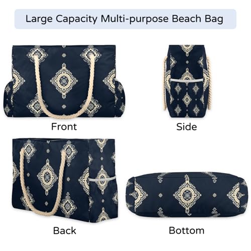 Ethnic Art Floral Beach Bag for Women Waterproof Pool Bag Sandproof Large Tote Bag with Wet Pocket Handbag with Zipper for Gym Beach Travel Work4