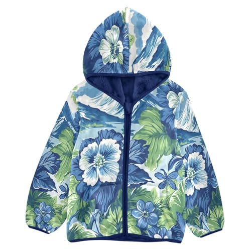 Blue Floral Mountain Landscape Toddler Fleece Jacket Girl Boys Hooded Fleece Jacket Coat Warm Outwear Zip-up 3-10T