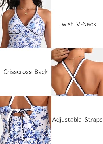 Image of ROSEWE Two Piece Tankini Swimsuits for Women, Tummy Control Bathing Suit with Skirt, V-Neck Swimdress