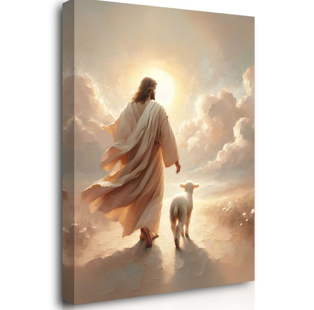 Reateforin Jesus Wall Decor for Prayer Room, Christian Wall Art for Christmas Decoration, Jesus and Lamb, Canvas Prints, Savior and Lamb, Picture for Home Decor, Baptism Gifts for Boys and — image 1