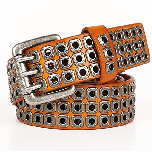 New Brand Black Brown Orange Casual Waistband Fashion Studded Rivet Belt Women Men Three-Row Rivet Belt (Color : Orange, Size : 105cm)