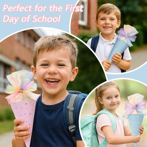 AYNKH 2 Stück Einschulung Geschwister Schultüte Jungen Mädchen, Stoff Geschenkbeutel Füllung, Schulkonus kleine Zuckertüte mit Schleife für Kinder (Rosa + Blau)