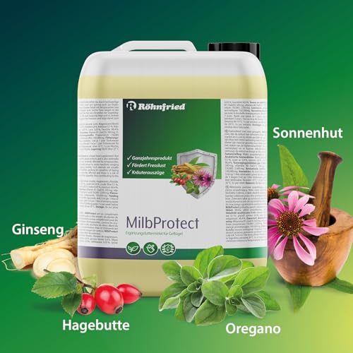 Röhnfried MilbProtect 5 L I Vor- & Nach Milbenbefal I Ergänzungsfuttermittel für Geflügel I fördert Fresslust I Kräuter I Ganzjahresprodukt