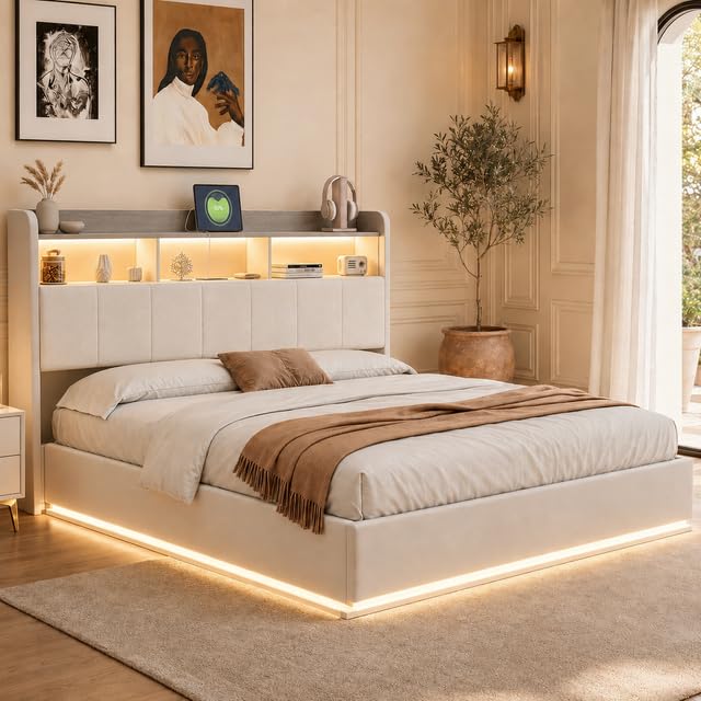 MGMYM Cama Tapizada 160x200 cm con Canapé Abatible y LED RGB, Cama de Matrimonio con Cabecero con Almacenaje, Enchufe Europeo, USB-C y Somier de Láminas, Terciopelo Beige, sin Colchón