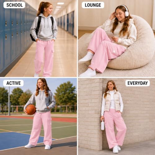 Image of New Balance Girls Sweatpants - Soft Fleece Cargo Wide Leg Sweatpants Cargo Jogger Pants for Girls with Pockets (7-16)