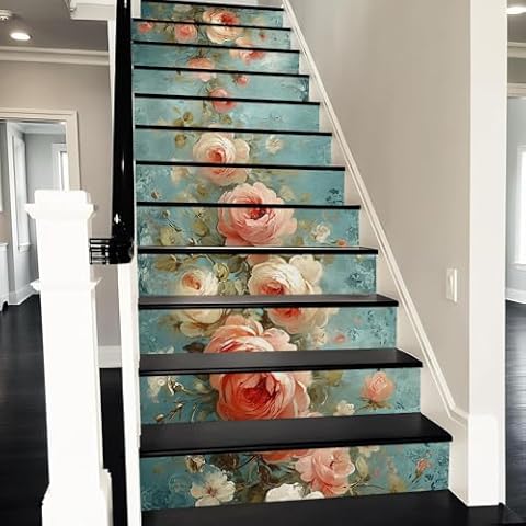 REDAMANCY Vintage Pink Rose Flowers Blue Oil Painting Peel and Stick Vinyl Stair Riser Decals Staircase Tile Stickers Decor Modern Marble Decoration Self-Adhesive(14 Pcs) Cover