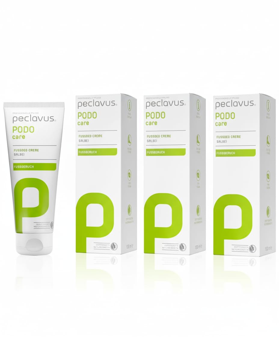 peclavus PODOcare Crema Deodorante per piedi – Deodorante naturale con olio di salvia contro odore e sudore – Senza sali di alluminio – Con olio di avocado, jojoba e germe di grano – 3 tubetti da 100