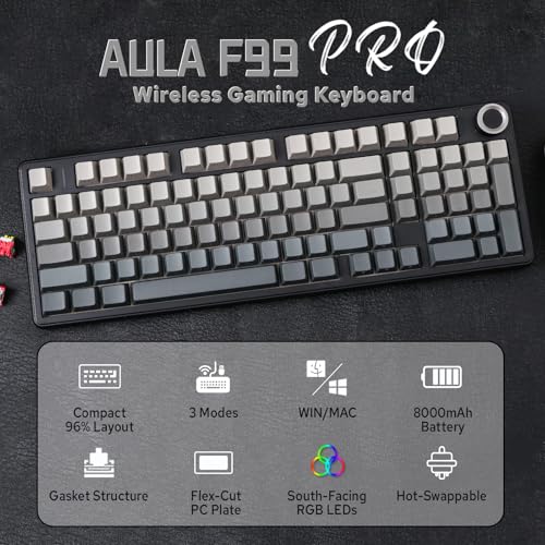 Image of MechLands Aula F99 PRO 96% Mechanical Gaming Keyboard, BT5.0 /USB-C /2.4GHz Wireless, Hot Swappable Gasket Custom Keyboard with 8000mAH Battery, Rotary Knob, RGB Backlit for Win /Mac (Grey)