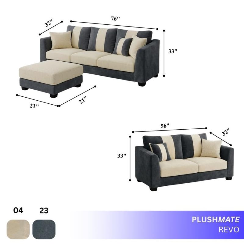 Image of Revo Plush Comfort Sofa Set | 3 Seater + 2 Seater with Ottoman | Luxury Velvet Suede Fabric | Modern Living Room Sofa | Dark Gray - Cream