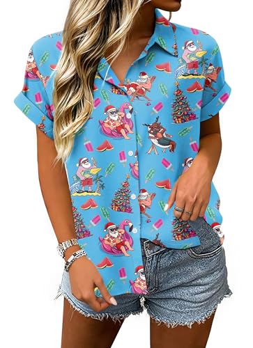 UYIQL Christmas in Hawaiian Shirts Women Xmas July Summer Top Light Blue L