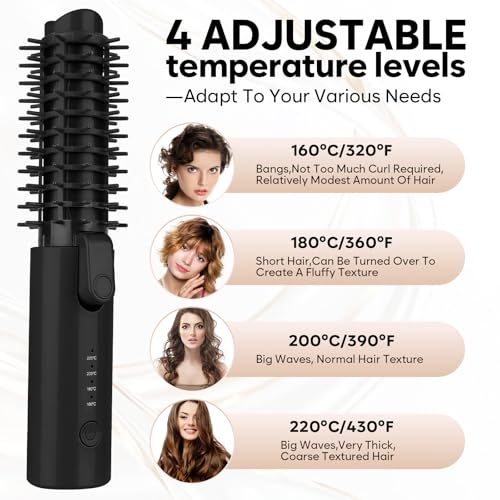 Image of Cordless Curling Iron Brush, Mini Travel Hot Straightener Comb Curl Brush, Rechargeable 4 Temps Cordless Wand Blush with 200 Million Negative Ions for Curls Straightening Styling (Black)