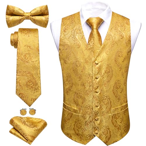 Image of Barry.Wang Men's Suit Vest Tie Bowtie Set Formal Silk Paisley Waistcoat Hanky Cufflinks Lapel Pin Set Wedding Party 7PCS