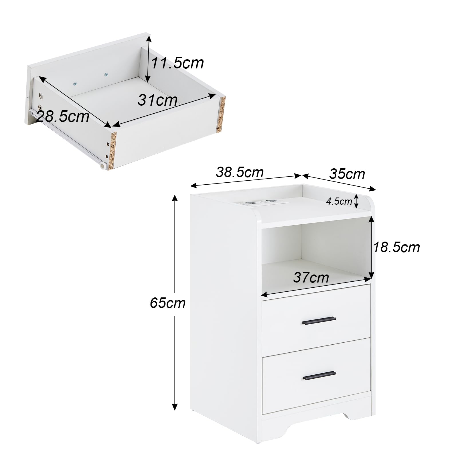 Nachtkastje wit met led en draadloze oplaadfunctie, bluetooth-luidspreker, nachtkastje met 2 laden, 3-kleurig dimmen, bewegingsmelder, 2 USB, type C, salontafel voor woonkamer, slaapkamer