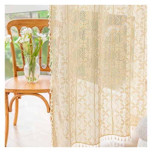 Rideau dentelle pour salon style bohème chic en maille coton beige - 2