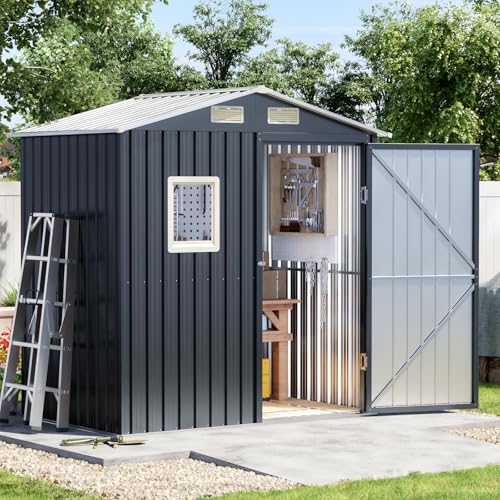 Image of Update Version 6x4 FT Outdoor Metal Storage Shed, Single Door, 1 Clear Window, Tool Shed for Garden, Patio, Backyard Brown