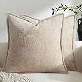 DEZENE Pack of 2 Tan Decorative Throw Pillow Covers 18x18 Cozy Soft Chenille Accent Vintage Square Couch Pillow Covers for Home Decor Bed Sofa Living Room