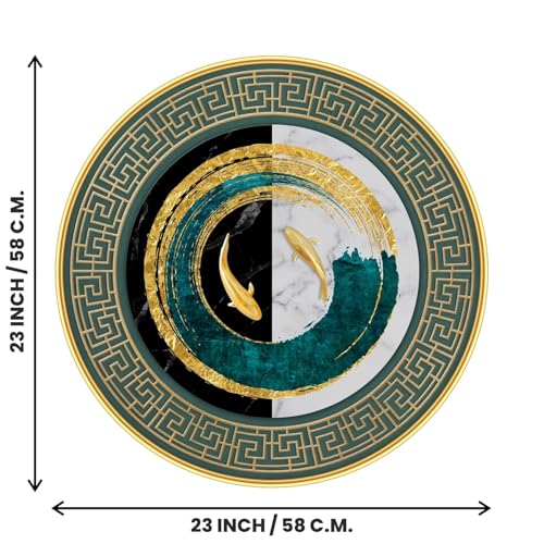Image of Round Wall Art with Golden Koi Fish, Teal and Gold Abstract Painting, Greek Key Border Design, Marble Effect Decorative Plate