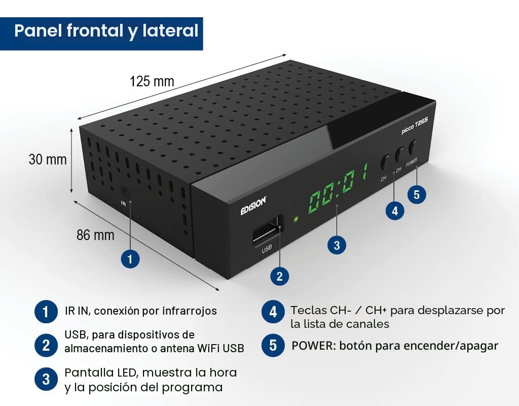 EDISION PICCO T265, 2024 Nuevo Español TDT Decodificador TV DVB-T2, Full HD, H265 HEVC, PVR, USB, HDMI, SCART, Control Remoto IR 2 en 1, Receptor DVB-T2 Alta Definición, Soporte WiFi USB
