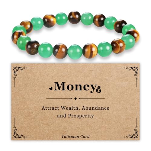 PEALICIOUS Money Bracelets for Women Natural Stone Beaded Bracelets for Women Jade Tiger Eye Lucky Crystal Jewelry Adjustable Elastic Cord Feng Shui Bracelet Good Luck Christmas Stocking Stuffer Gifts
