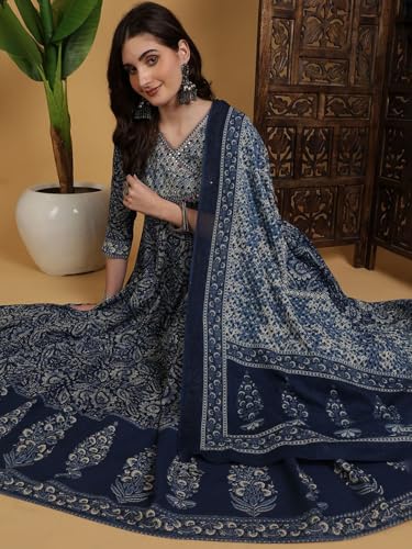 Image of MEERA FAB Women Floral Printed Pure Cotton Anarkali Kurta with Palazzos & Dupatta