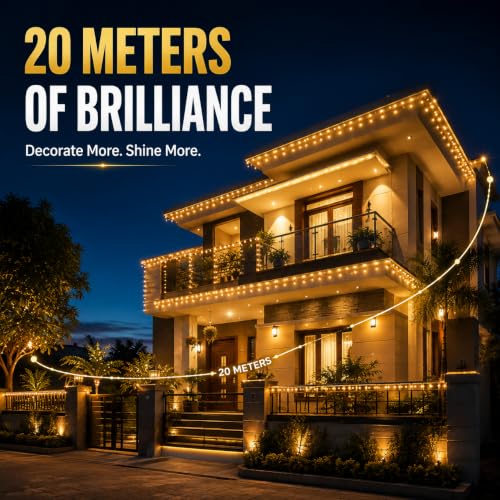 Image of Gesto 20 Meter LED String Lights - Warm White 8mm Big Led Fairy Lights for Decoration | 360 Glow Waterproof Copper Wire Lights for Home Decor Balcony Outdoor Christmas & Diwali Decoration- Pack of 5