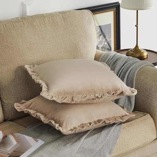 Image of Velvet Beige 24x24 Pillow Covers, Set of 2 Decorative Ruffle Cushoin Pillow Covers for Sofa Couch