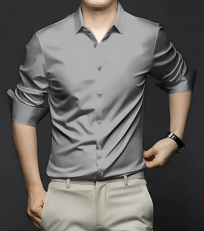 Image of DEELMO Combo of Men's Stylish Solid Satin Casual Shirt for Men Full Sleeves| Poly Satin Silk Shirt Pack of 2