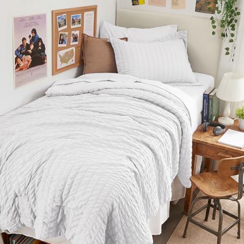 Image of HYMOKEGE White Twin Comforter Set Seersucker 5 Pieces, All Season Luxury Bed in a Bag for Bedroom, Bedding Set with Comforters, Sheets, Pillowcase & Sham