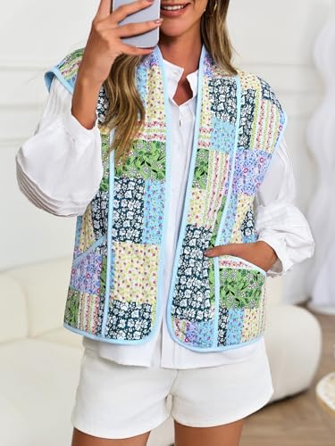 Tankaneo Womens Puffer Quilted Cropped Vest Oversized Floral Patchwork Lightweight Jacket Cap Sleeve Outerwear Vest4