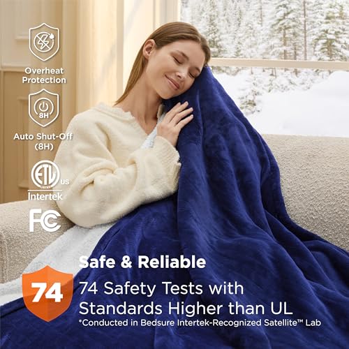 Image of Bedsure Heated Blanket Throw Blanket - Fast Heating Electric Blanket, Soft Flannel Throw with 6 Time Settings(Up to 10H), 6 Heating Settings, Gifts for Grandma & Grandpa (50 inchx60 inch, Pageant Blue)
