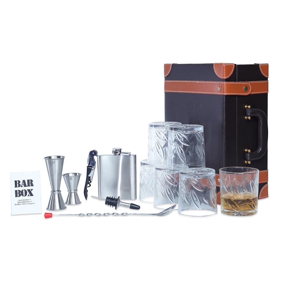 Bar Box Portable Bar Set 6 Whiskey Glasses Bartending Kit, Cocktail Shaker Mixer Tools, Accessories for Drinks, for Men, Whiskey Lovers, Dad, Wedding Couples, Birthday, Anniversary, Boss