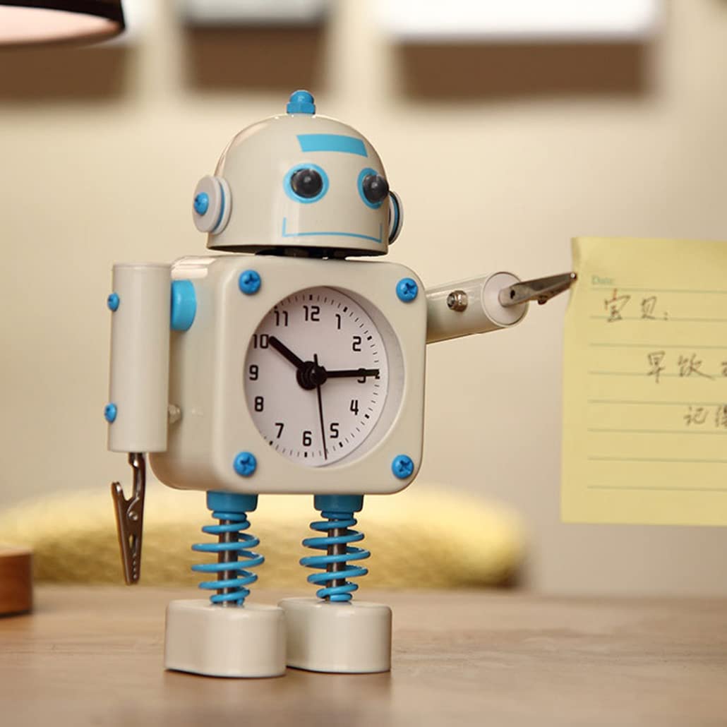 Zegar nocny, budzik, Robot Mały budzik Zasilany bateryjnie Zegar studencki Metalowa obudowa Cichy, nie tykający dźwięk Kreatywne biurko Mały zegar na biurko Ozdoby (czerwony) (Color : Bianco)