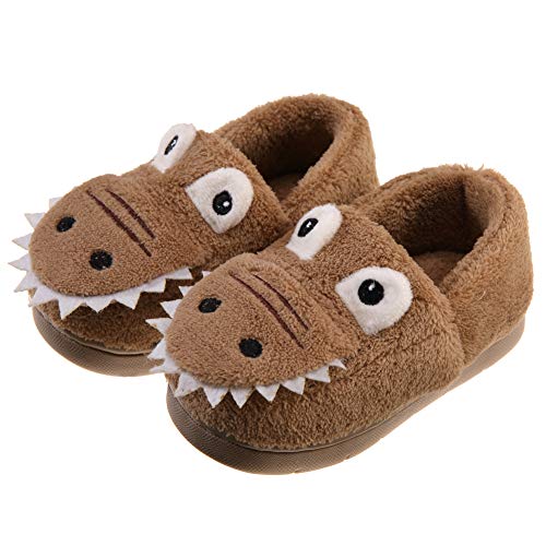 Toddler Kids Boys Girls House Slippers Baby Cartoon Dinosaur Fuzzy Winter Warm Home Indoor Bedroom Shoes (8.5-9 M Toddler, Khaki)