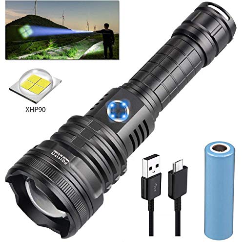 T6 Lampe de poche LED XHP90 Ultra Puissante 10000 Lumens, 5 Modes USB Rechargeable Militaire Tactique Torche Zoomable Étanche Meilleur pour la Randonnée Chasse Camping Sports