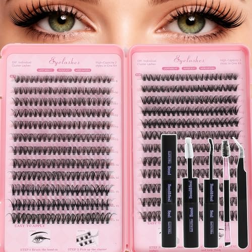 Lash Clusters Kit Eyelash Clusters Individual Lash Extension Kit Pcs D Curl Fluffy Wispy False Eyelashes Extensions Thin Band with Bond Seal Tweezers Brush Removers (30D+40D KIT 9-16mm)