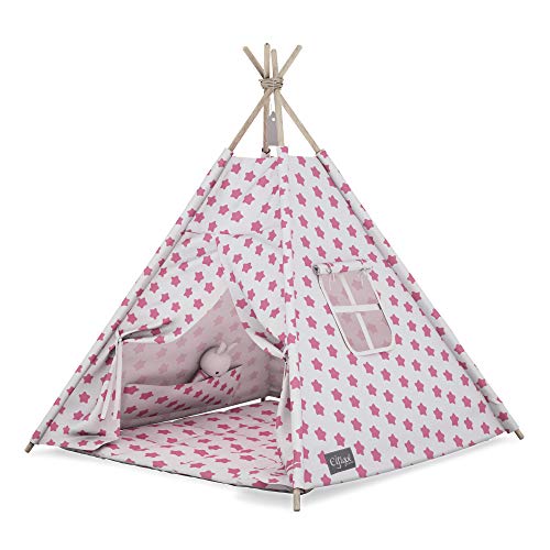 Elfique - Tienda de campaña para niños (tipo Tipi, con tapa, color blanco y rosa)