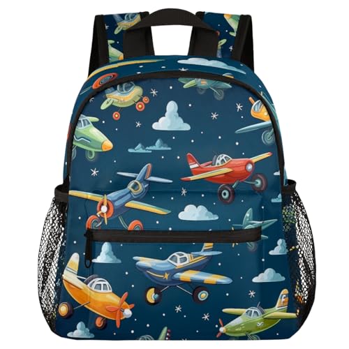 Toddler Backpack Cartoon Airplanes Kindergarden Kids Bacpack for Boys Girls Helicopter Nave Blue Preschool Bag Lightweight Small Travel Rucksack Bag with Bottle Holder