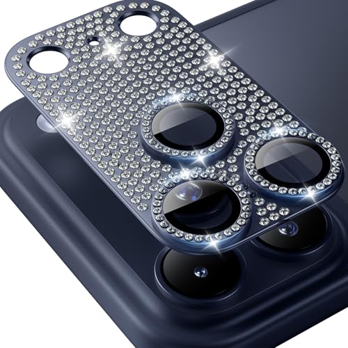 Image of Hoerrye Bling Diamond Camera Lens Protector for iPhone 17 Pro Max - [1:1 Full Coverage][Strong Adsorption] 9H+ Tempered Glass Screen Protective Cover Case Friendly,Glitter Blue