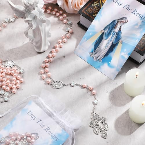 12 Set Rosary Catholic Gifts for Women 8 mm Pink Rosary Necklace Artificial Pearls with Pardon Crucifix Necklace Pray Card for Women Men First Communion Christian Confirmation Gifts4