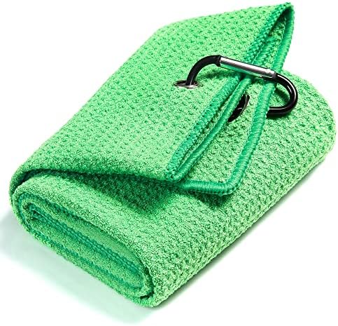 ElkPace Golf Towel, Microfiber Golf Towels with Waffle Pattern Tri-fold Golf Accessories for Men | Golf Brush Tool kit | Grey Golf Towel | Golf Towels for Golf Bags with Clip (Grey) (Green)