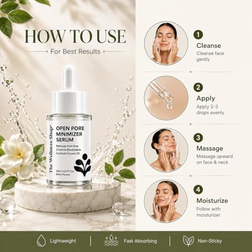Image of The Wellness Shop Open Pore Minimizer Face Serum 30ml | Enriched with Niacinamide | Reduces Enlarged Pores, Oil Control & Acne Care | Blackhead Reduction & Improves Skin Texture