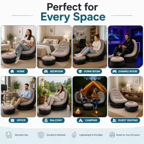 Image of Inflatable Air Sofa - Portable Lazy Lounge Chair for Home, Camping & Outdoor Use - Comfortable Blow Up Couch for Relaxation