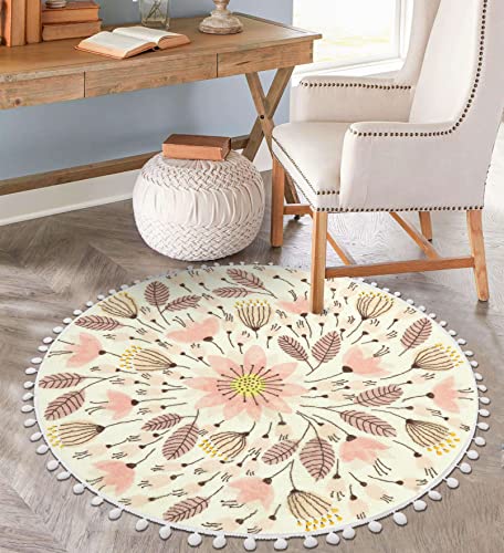 Uphome Round Rug For Bedroom 3' Circle Cute Bathroom Rugs With Pom Poms Fringe Floral Plant Washable Throw Rugs Non-Slip Soft Floor Mats For Sink Powder Entryway Living Room Nursery, Pink #TOP4
