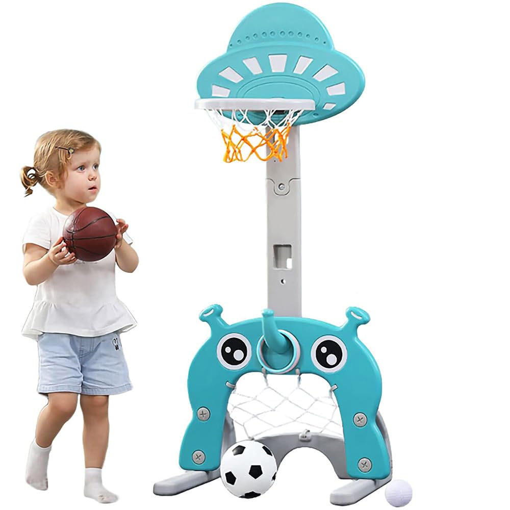 Mum - Soporte de juego para niños 3 en 1, cesta de baloncesto de pie infantil ajustable, jaula de fútbol infantil, soporte para juegos de anillos, forma de OVNI(azul claro, 55 x 58 x 146 cm)