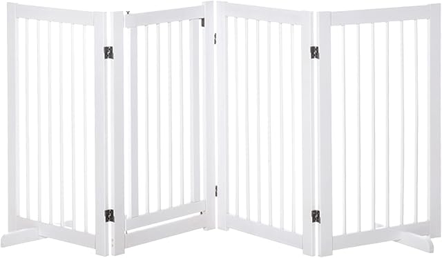 PawHut Freestanding Pet Gate 4 Panels Wooden Dog Safety Fence Foldable with Support Feet for Doorway Stairs 91cm Tall White
