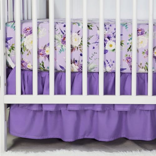 Image of Crib Bedding Set for Girls, Purple Baby Crib Bedding Set 4 Piece, Baby Girl Nursery Bedding Set Including Comforter, Fitted Crib Sheet, Crib Skirt, Diaper Stacker, Floral