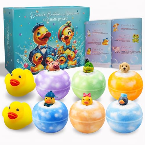 Bath Bombs for Kids with Surprise Toys Inside, Fun Kids Bath Bombs Gift Set with 6 Toys & 2 Rubber Ducks, Free Stories Inside – Christmas, Birthday, Advent Calender Gifts for Boys & Girls