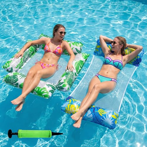 Lot de 2 matelas gonflables pour piscine et hamac à eau, lit de natation 4 en 1 (127 x 70 cm et 120 x 115 cm), chaise de piscine pliable avec filet, pour...