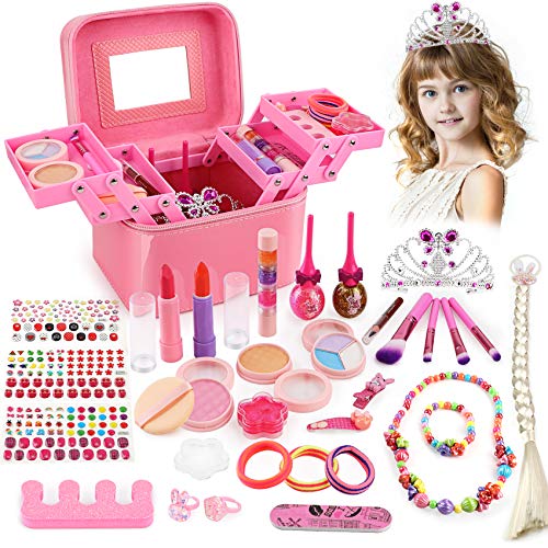 Bloranda 34 Pcs Kids Makeup Kit, Real Girls MakeupToys Washable Makeup Set with Fashion Portable Makeup Box Including, Eye Shadows, Lipstick, Liquid Foundation, Nail Polish, Wig and Royal Crown